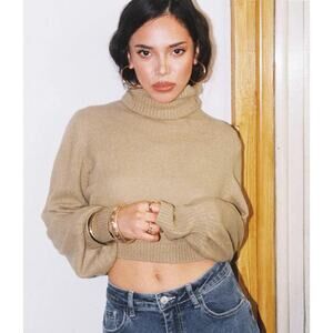 Princess Polly Sweater Womens Medium Beige Zahara Cropped Turtleneck Puff Sleeve